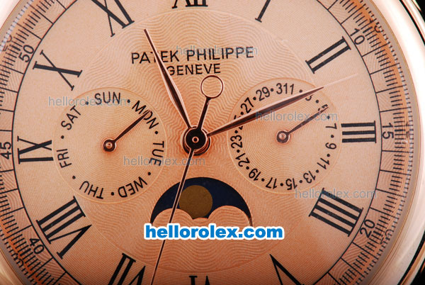 Patek Philippe Automatic Rose Gold Case and Dial with Black Marking and Leather Strap - Click Image to Close